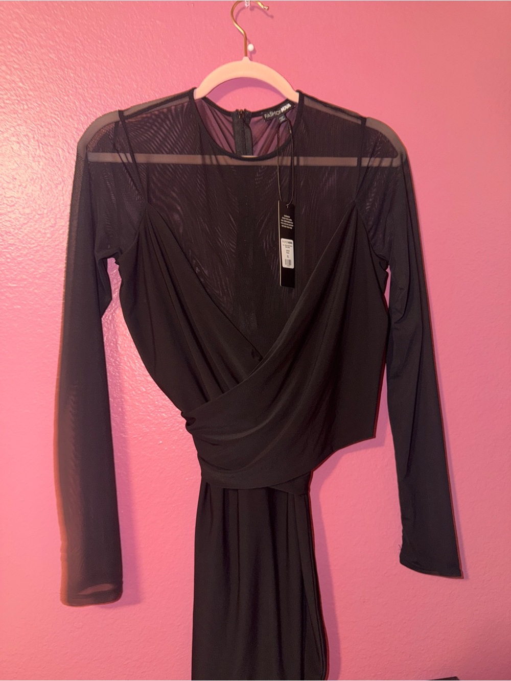 Fashion Nova Black Long Sleeve Sheer Mesh Wrap Dress